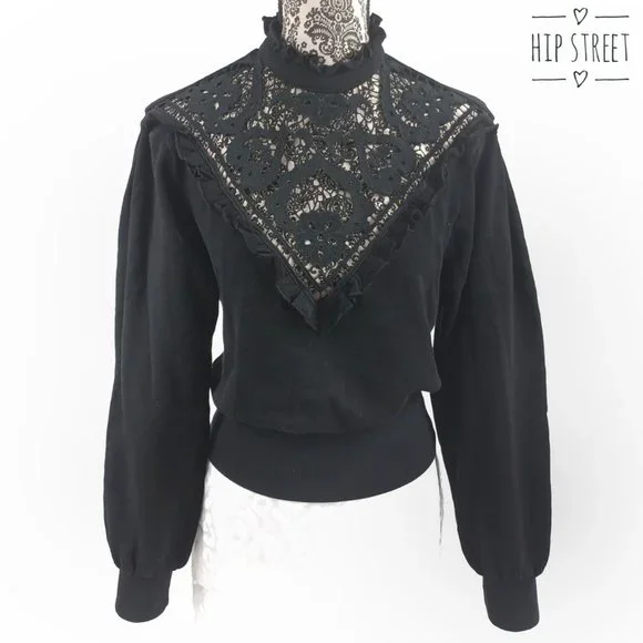 EXPRESS Victorian Look LS Lace Insert Sweatshirt Stretch Blouse Top XS - Picture 1 of 4